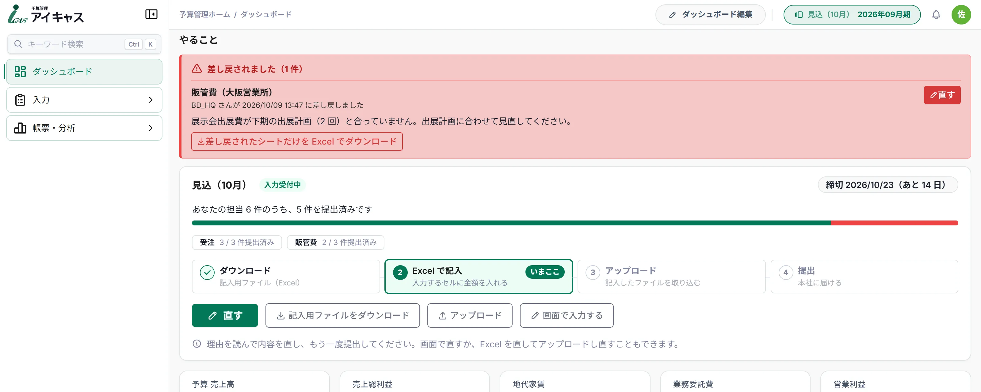 予算管理の担当者のホーム画面。本社からの差し戻しの理由、見込の版の締切、担当 6 件のうち 5 件を提出済みという進み具合、ダウンロード・Excel で記入・アップロード・提出の 4 つの手順が表示されている