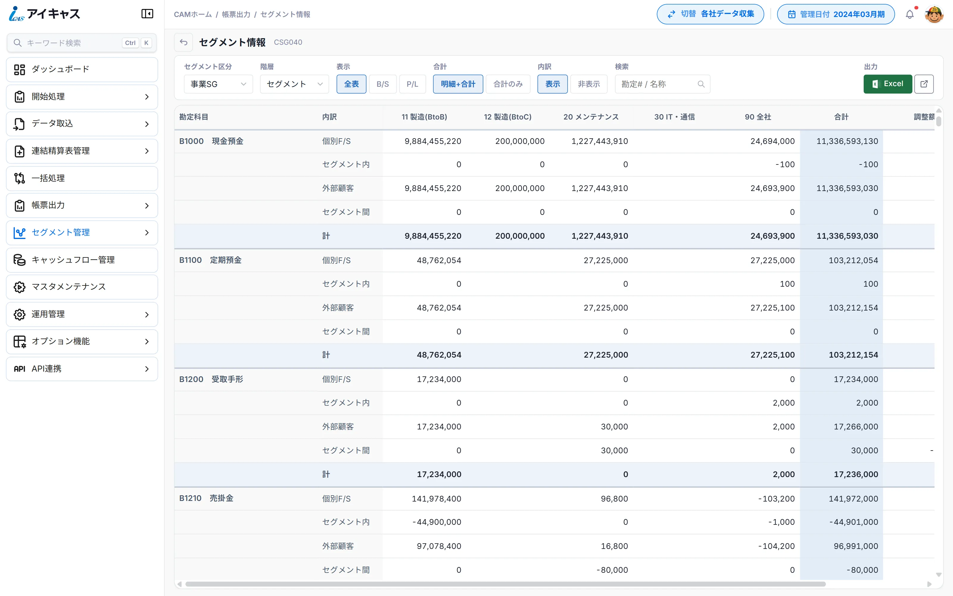 iCAS のセグメント情報画面。勘定科目ごとに、11製造(BtoB)・12製造(BtoC)・20メンテナンス・30IT・通信・90全社の各セグメント列と、個別F/S・セグメント内・外部顧客・セグメント間・計の内訳行、合計と調整額が表示されている